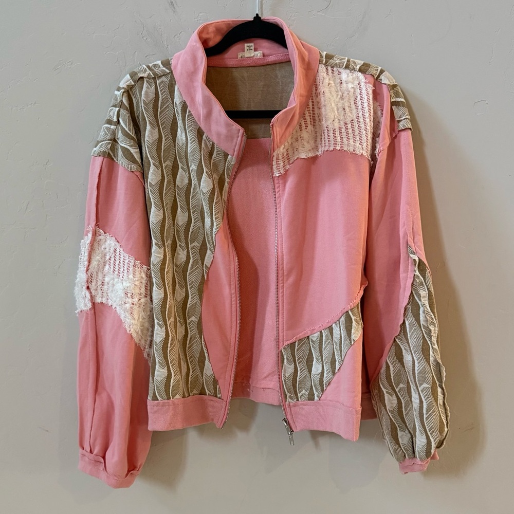 POL 2 piece Outfit, Pink, Cream, and Green Bomber Jacket and Pant, Size Medium - Picture 6 of 16